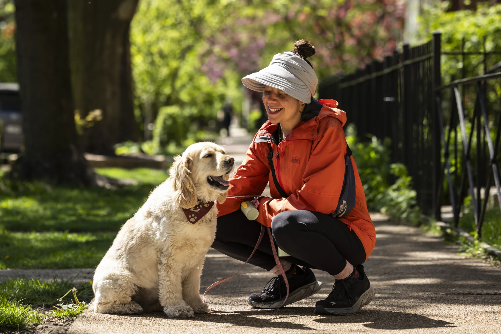 A Chicago Pet Sitters dog walker stops to pet a dog she is walking on a sunny day.